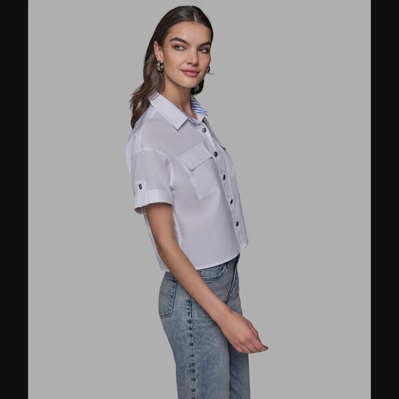 KARL LAGERFELD PARIS Limited Edition Poplin Short Sleeve Button Top Shirt Crop - Picture 4 of 6